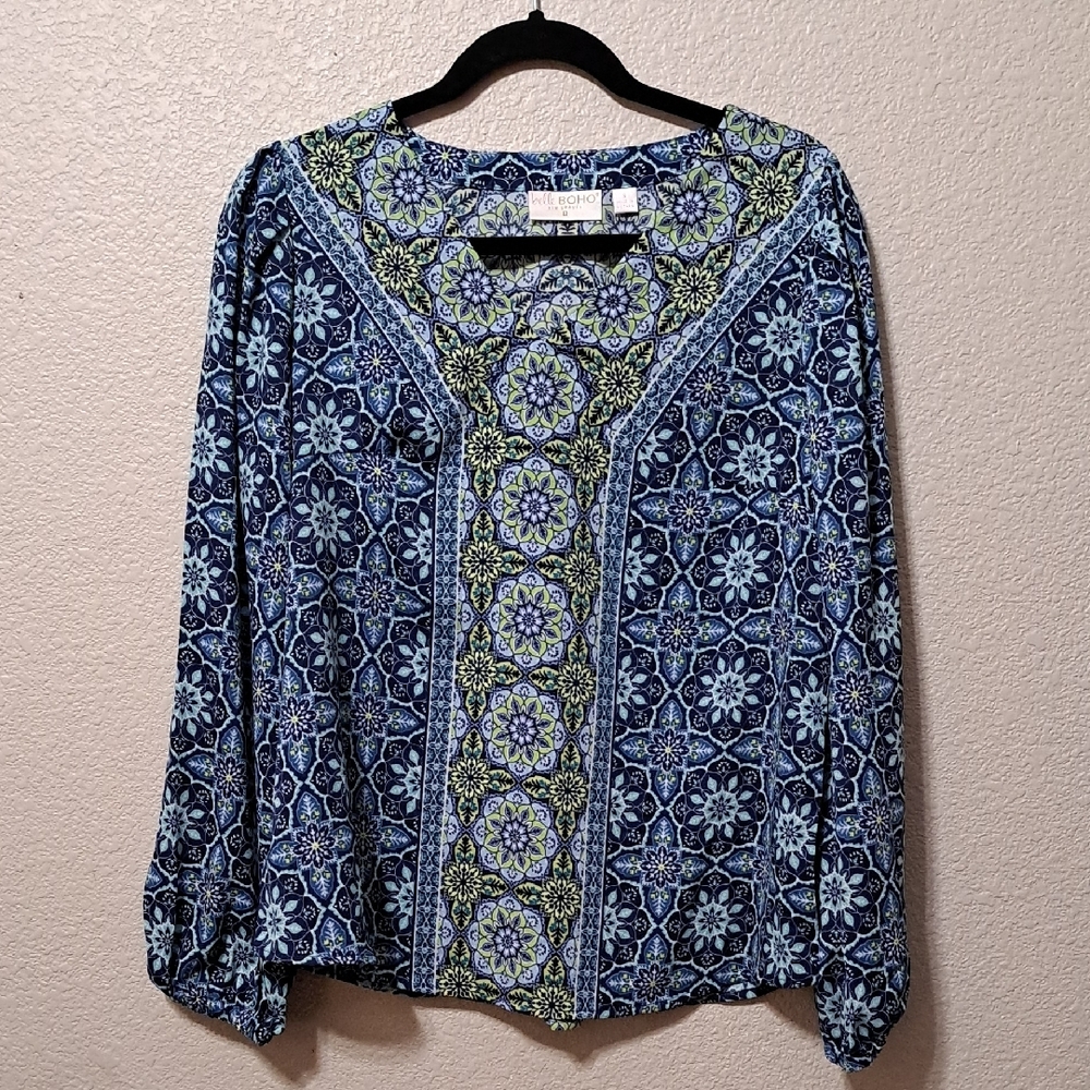 *Belle Boho Kim Gravel Floral Blue and Green Long Sleeve Tunic Women's Top Small